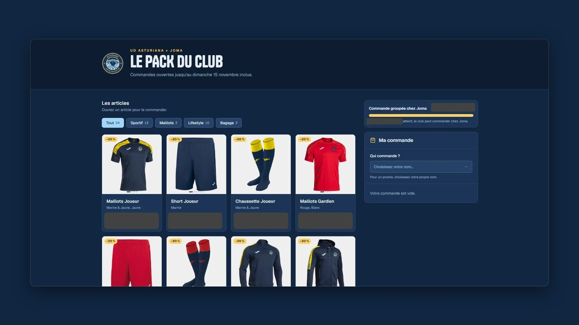Page du pack d'équipement Joma du club, avec le catalogue des articles et la commande du joueur